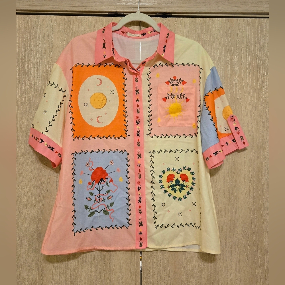 Sunday Up Sun Moon Rose Tiles Shirt Collared Satin Button Up